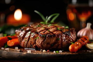 Wall Mural - Juicy grilled steak with fresh vegetables and herbs, serving a perfect dinner on a rustic wooden table setting, with warm ambient lighting.