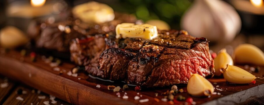 Close-up of a juicy grilled steak with garlic and butter, perfect for a gourmet meal. Served on a wooden board with herbs and seasoning.