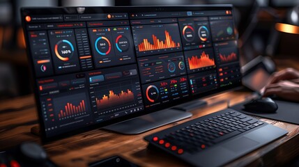 Poster - modern desktop computer displaying data analytics charts and graphs