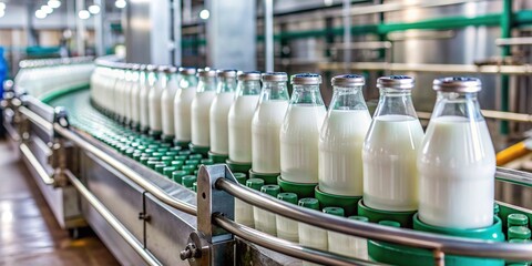 Wall Mural - Glass milk bottle moving on industrial conveyor belt, milk, production, factory, dairy, beverage