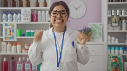 Sticker - Pharmacist, young hispanic woman wearing uniform with an amazed and surprised face, mouth open in disbelief and fear inside pharmacy