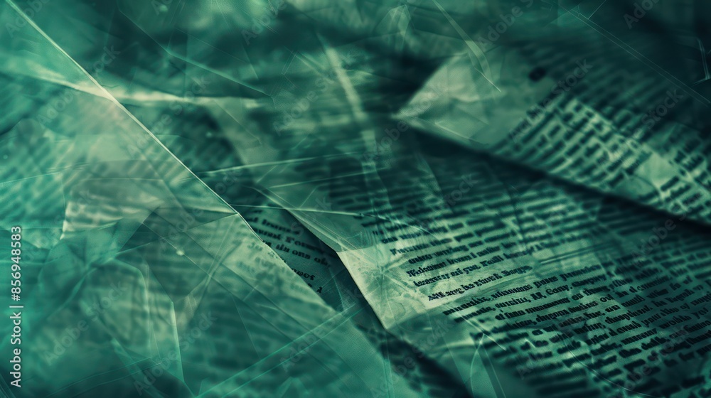abstract overlay of textual content intermingled with green geometric ...