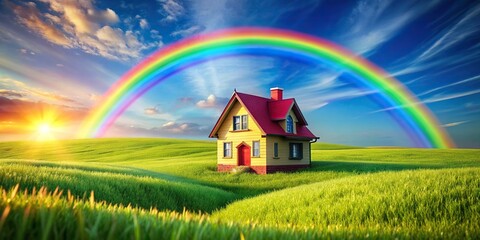 Wall Mural - A whimsical house standing in a field of vibrant rainbow grass, rainbow, grass, field, house, colorful, vibrant, whimsical