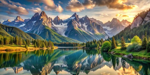 Wall Mural - A breathtaking view of majestic mountains in a serene landscape, mountains, peak, summit, nature, scenery, panoramic