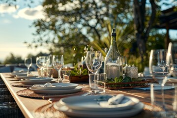 A beautifully set outdoor dining table with white plates, glasses, and a bottle, all decorated with greenery. Generative AI