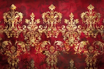 Poster - Crimson Velvet Background: A luxurious crimson velvet background adorned with gold baroque stucco designs