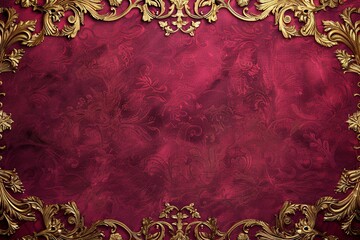 Sticker - Crimson Velvet Background: A luxurious crimson velvet background adorned with gold baroque stucco designs