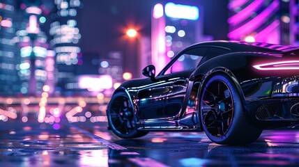 Wall Mural - A 3D render and illustration of a black luxury sports car against the backdrop of a brightly lit city at night