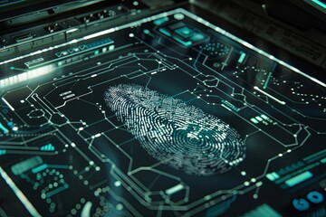 Poster - A digital fingerprint appears on a biometric scanner screen, showcasing a futuristic security system. Generative AI