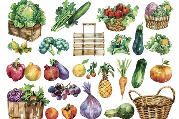 Wall Mural - Farmers Market Fresh Sticker Set: A charming set of watercolor stickers featuring illustrations of fresh produce such