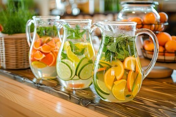 Wall Mural - Fruit Infused Waters: A refreshing tea room setup with a wooden table set with glass pitchers of fruit-infused waters