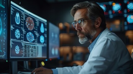 Poster - Senior Scientist Analyzing Brain Scans on Computer in Late Night Lab