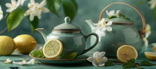 Sticker - Green Tea with Jasmine Flowers and Lemon Slices: Depict green tea brewed with delicate jasmine flowers