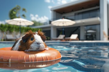 Wall Mural - Guinea Pig in a Floating Ring: A guinea pig relaxing in a small floating ring on a pool, with the poolside area featuring lounge