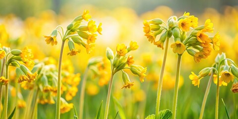 Wall Mural - Closeup of vibrant yellow cowslips blooming in a Swiss meadow, spring, flowers, cowslips, yellow, vibrant, closeup