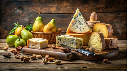 Wall Mural - Assorted cheese, pears, and walnuts displayed on a wooden cutting board in a rustic kitchen setting, cheese, assorted
