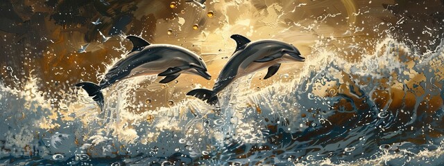 Wall Mural - Dolphins Jumping In Golden Sunset Ocean