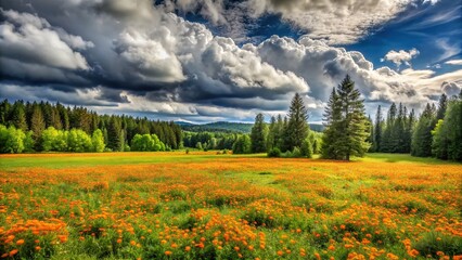 Wall Mural - Panoramic view of a vibrant meadow with scattered orange flowers