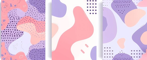 set of three seamless purple and pink abstract vector pattern designs in flat illustration style