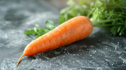 Wall Mural - A fresh carrot on a dark surface with some green leaves.
