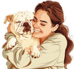 Wall Mural - people girl woman hug cat and dog tighly with love illustration vector clipart