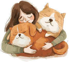 Wall Mural - people girl woman hug cat and dog tighly with love illustration vector clipart