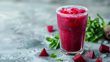 Wall Mural - A glass of beet juice with ice and mint on a textured surface.