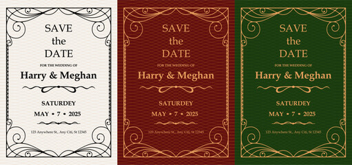 Luxury invitation card background vector. Elegant classic antique design, gold lines , sparkle on a green or red background. Premium design illustration for gala card, grand opening, art deco magazine