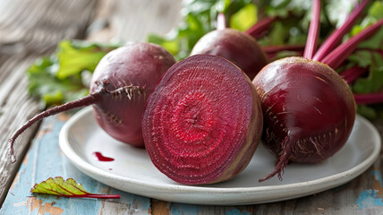 Wall Mural - Sliced beetroot with whole beetroots on a white plate.