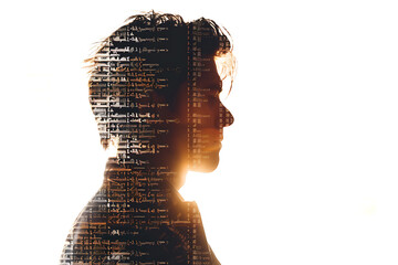 Isolated silhouette of a man’s portrait made from binary code in a wireframe plexus style on a white background.