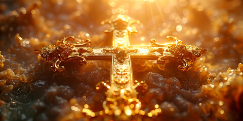 Wall Mural - Abstract close up photo of a Royal holy cross , decorated by glittering royal golden design with sunray in golden background