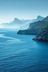 Poster - Blue horizon featuring a tranquil ocean and minimalist mountain range in the distance,