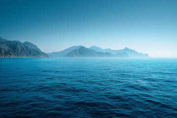 Poster - Blue horizon digital art with a peaceful ocean and faint, far-off mountains,