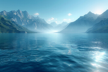 Poster - Serene blue horizon with calm waters and a simple mountain range in the distance,