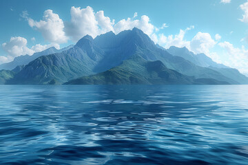 Serene blue horizon with calm waters and a simple mountain range in the distance,