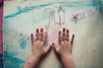 Wall Mural - Children's drawing about the war. Unidentifiable girl's hands