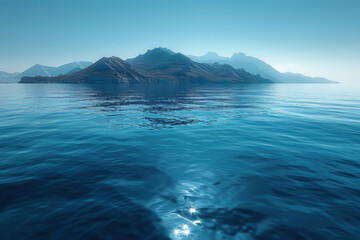 Wall Mural - Serene blue horizon with calm waters and a simple mountain range in the distance,