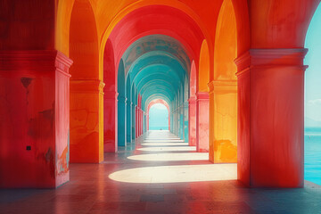 Poster - Digital art of a vibrant corridor with colorful walls leading to a bright horizon,
