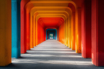 Poster - Digital art of a vibrant corridor with colorful walls leading to a bright horizon,