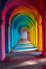 Poster - A mesmerizing corridor filled with rainbow hues, opening up to a glowing horizon,