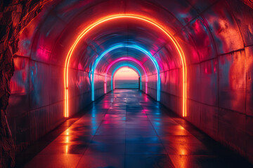 Poster - Colorful pathway through a digital corridor leading to a luminous horizon,