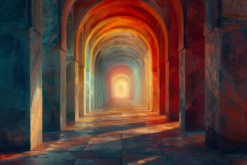 Poster - A kaleidoscopic corridor in digital art, leading to a shining, bright horizon,