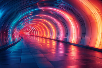 Poster - Colorful digital corridor with swirling patterns leading to a glowing horizon,