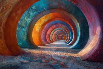 Poster - Colorful digital corridor with swirling patterns leading to a glowing horizon,