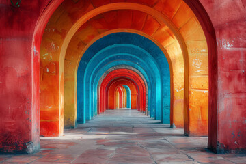 Poster - A corridor with vibrant geometric patterns leading to a radiant, bright horizon,