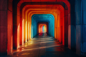 Poster - Vividly colored corridor in digital art, opening up to a shining horizon,