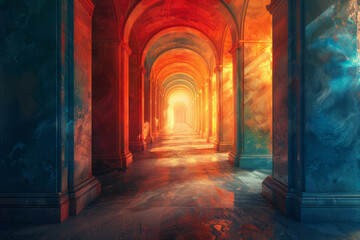 Poster - Vividly colored corridor in digital art, opening up to a shining horizon,