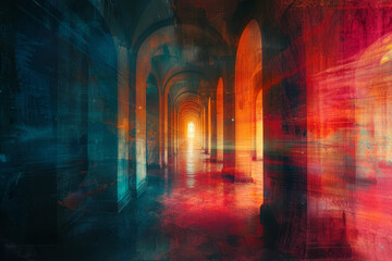 Poster - A digital art corridor with abstract, colorful patterns leading to a bright horizon,