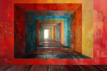 Poster - A digital art corridor with abstract, colorful patterns leading to a bright horizon,