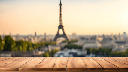 A wooden table with a view of the Eiffel Tower in the background